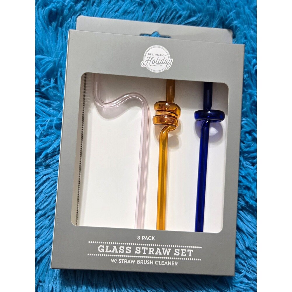 Destination Holiday 3pc Bent Glass Straws Set w/ Brush Cleaner Blue Amber Pink